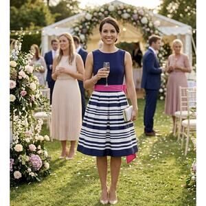 Eliza J Fit & Flare Wedding Guest Dress Pink Belt Navy and White, Sz 6 Coastal
